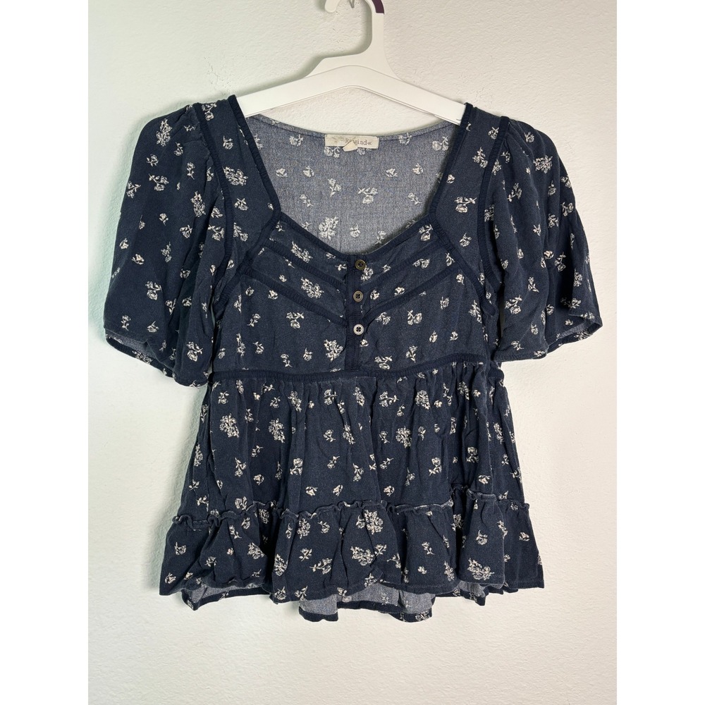 Rewind Navy Blue Floral Babydoll Top Short Sleeve Ruffle Tiered Blouse Small